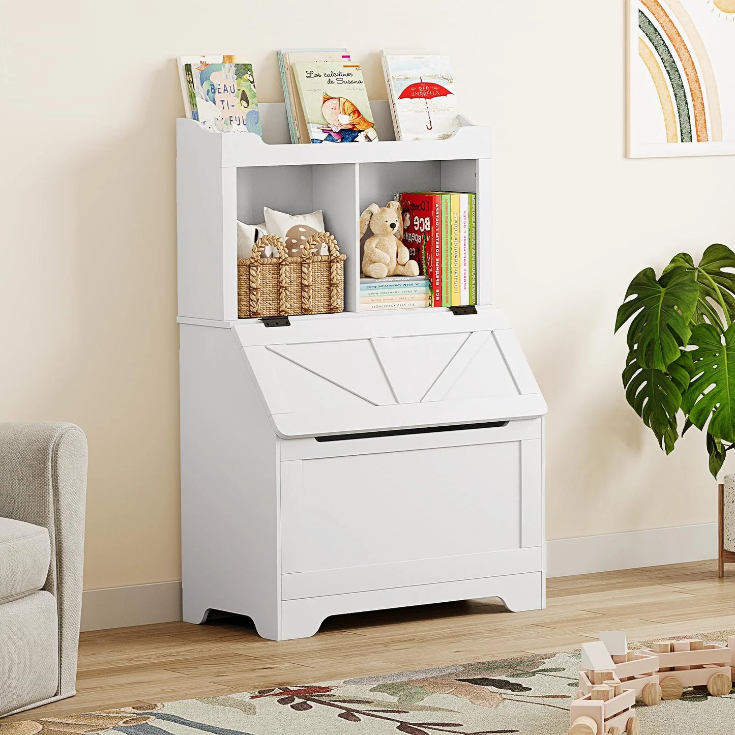 Kids Bookshelf and Toy Storage Organizer, Large Wooden Toy Box Chest with Flip-top Lid and Cubby, 3-Tire Children's Bookcase with Toy Storage Cabinet for Playroom Bedroom Nursery Kindergarten Hallway