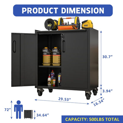 Tcbosik Rolling Storage Cabinet with Storage, Metal Tool Cabinet with Adjustable Shelf and 2 Doors, Lockable Storage Cabinet for Home Office Garage Basement, Black