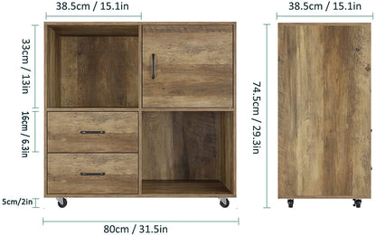 Homfa Lateral File Cabinet, Storage Printer Stand with 2 Drawers, Wood Mobile Filing Cabinet for A4 Paper Letters Home Office Furniture, Rustic Brown