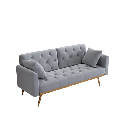 Aukfa Velvet Futon Convertible Sofa Bed for Home Office, 2 Pillows, Upgraded Metal Base, Gray