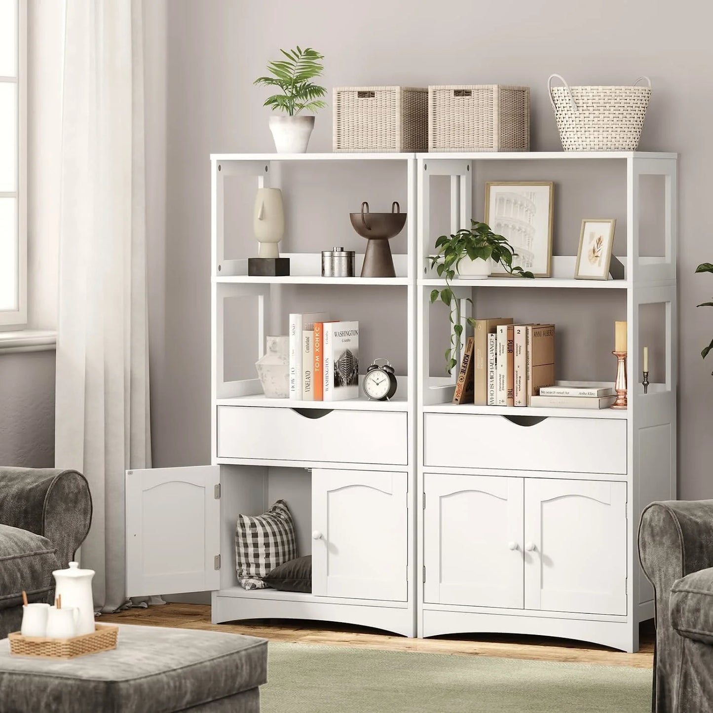 Sideboard Storage Cabinet with Drawer& Shelves, Kitchen Pantry Storage Cabinet with Microwave Space& Cupboard, Modern Freestanding Floor Bathroom Cabinet/Bookshelf for Home Office, White