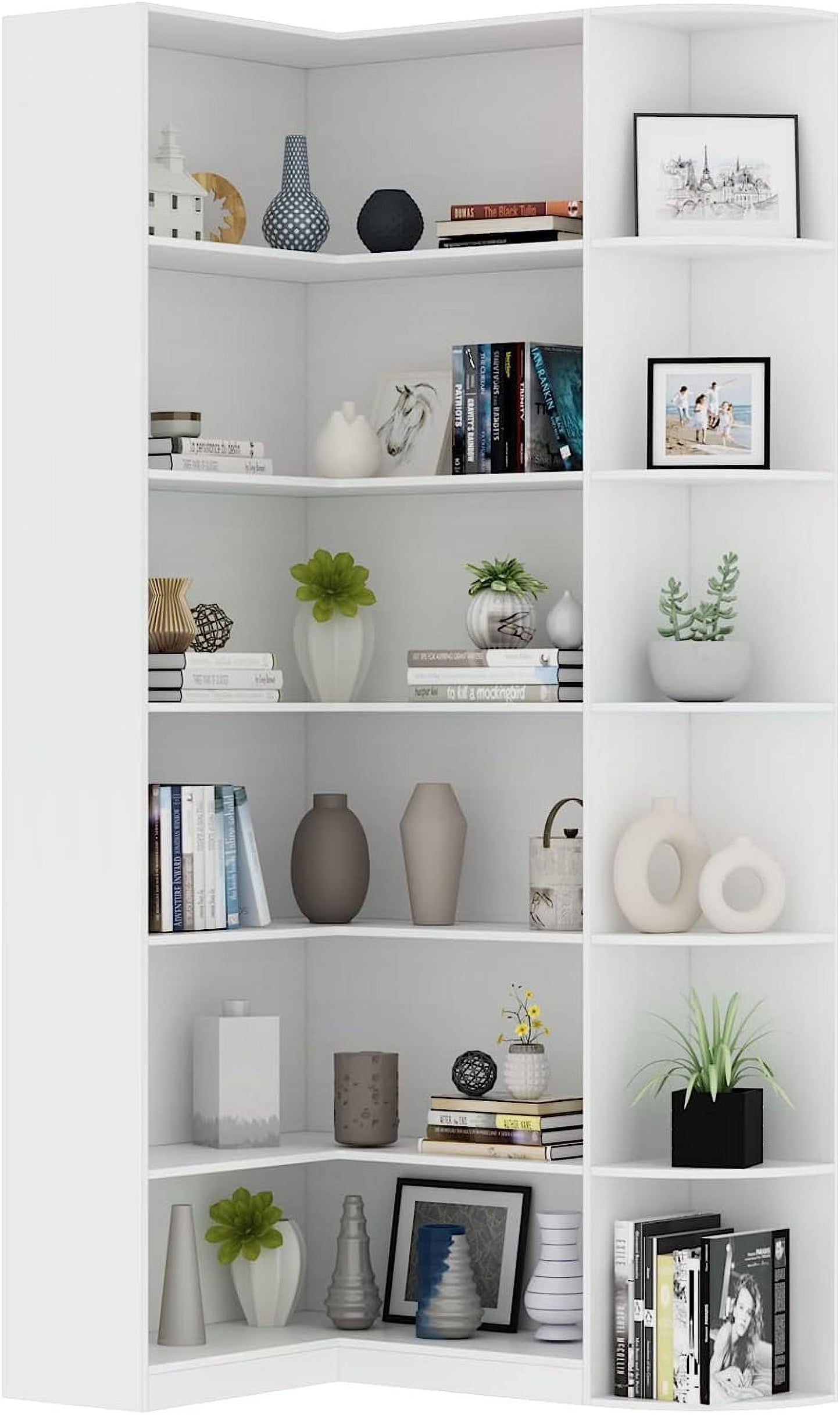 Loomie Bookshelves, 6 Tiers Shelf Large Tall Corner Etagere Bookcase with Full Baffle, L-Shaped Modern Storage Display Industrial Book Shelf for Bedroom, Home Office, Living Room & Kitchen