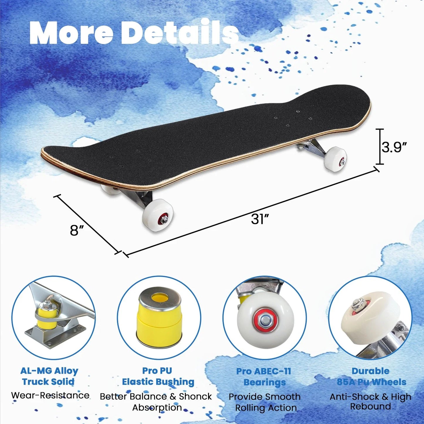 31'' Complete Skateboard for Kids 7 Layer Canadian Maple Double Kick Deck Skateboards sunset palm trees trendy purple design for congratulation Boys Skate Board for Girls Beginner Adult