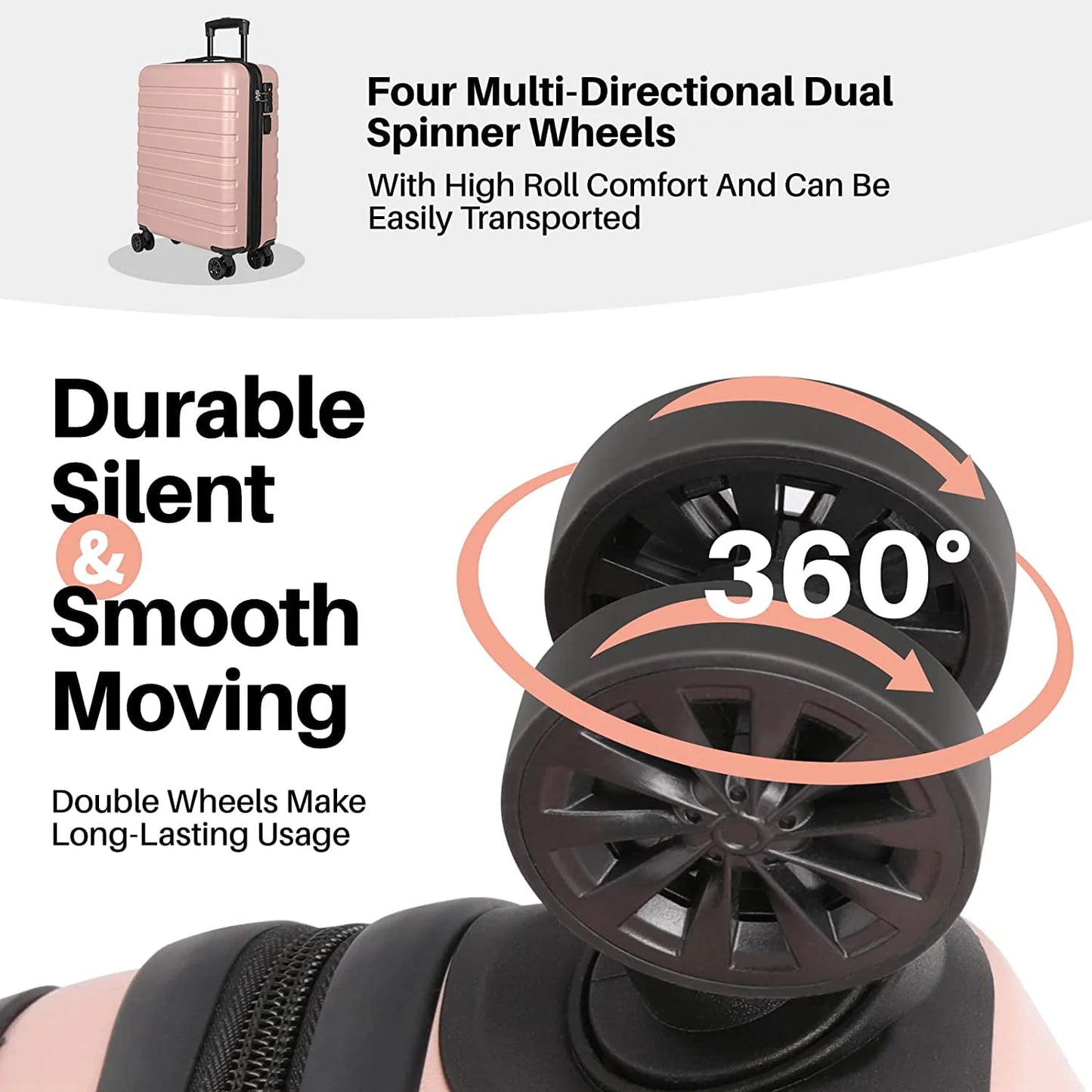 Suitcase AnyZip PC ABS Hardside Lightweight Luggage with 4 Universal Wheels TSA Lock Carry On 20 Inch USB Pink