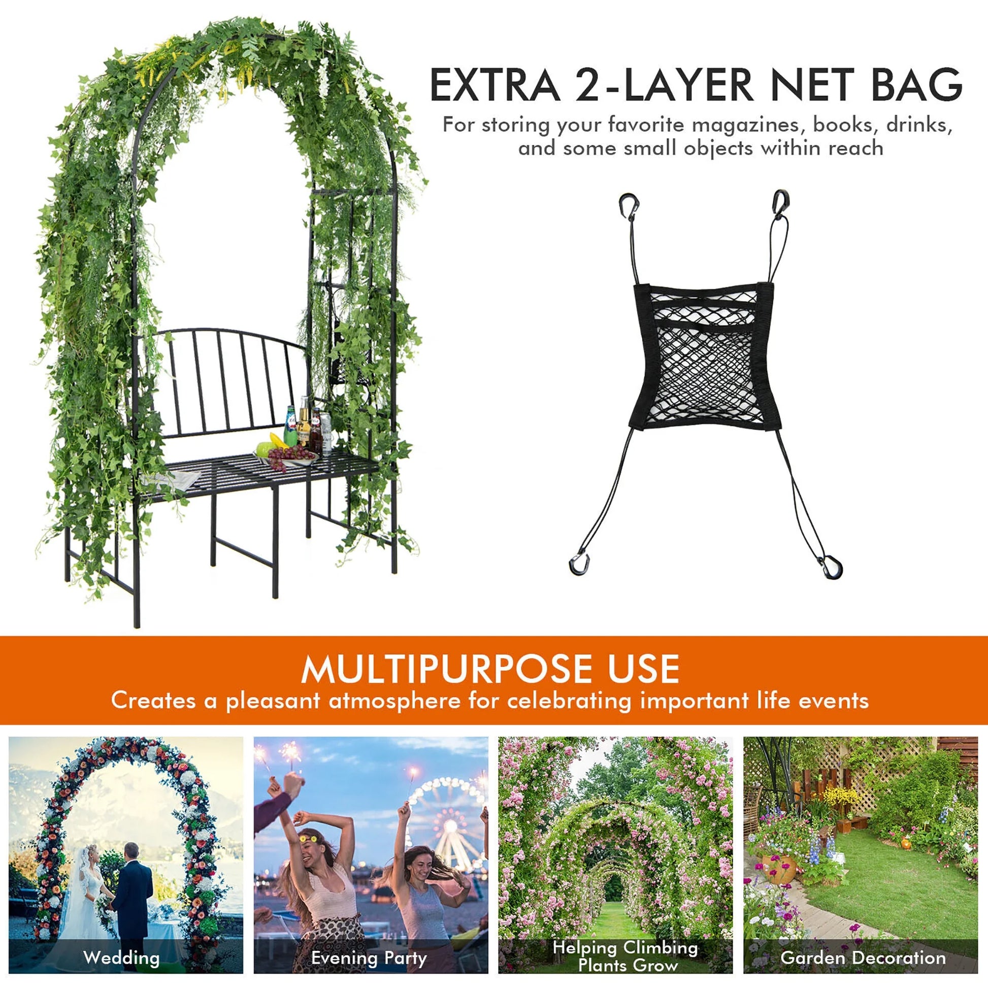 Gymax Steel Garden Arch w/2-Seat Bench 6'7''H x 3'8''W Outdoor Arbor for Climbing Plants
