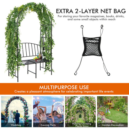 Gymax Steel Garden Arch w/2-Seat Bench 6'7''H x 3'8''W Outdoor Arbor for Climbing Plants