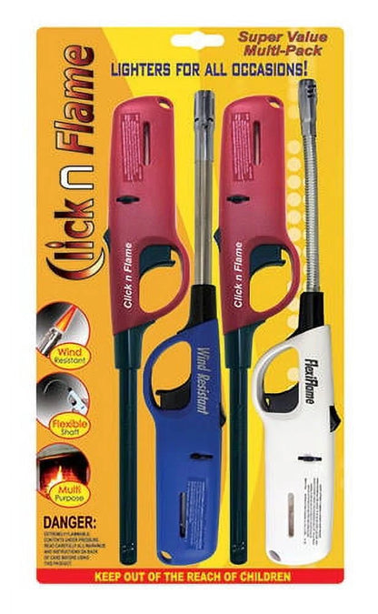 Click n Flame - Utility Lighter - For All Occasions - Wind Resistant - Flexible Shaft - Multi Purpose Lighter BBQ Butane Stove Kitchen Candle Fireplace Camping Grill Flexible Lighters - 4 Pack