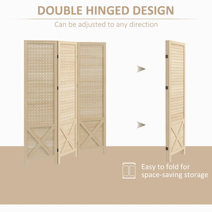 HOMCOM 4.7' 3 Panel Room Divider with Pegboard Display for Indoor, Natural
