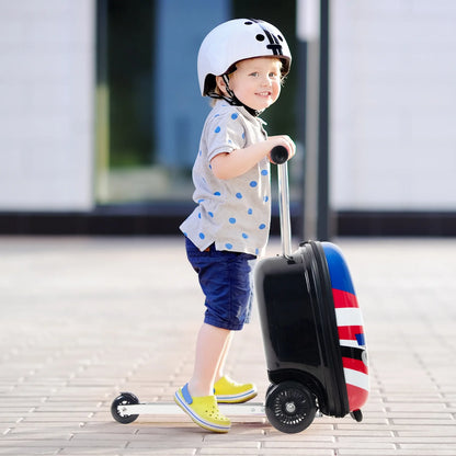 Kids Luggage Scooter, 3-Level Height Adjustable, Pirate Theme Foldable Carry-On Suitcase, Lightweight Ride-On Scooter