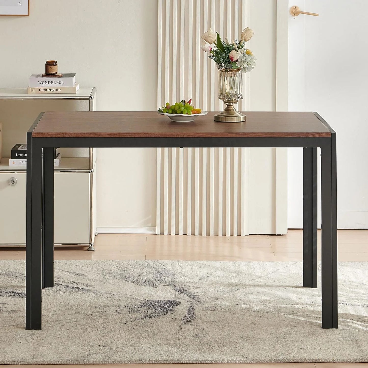 47" Dining Table, 4-Person Indoor Walnut Wood Grain Effect Table with Metal Legs, Rectangular Kitchen Table for Dining Room, Kitchen, Home Office, and Small Spaces
