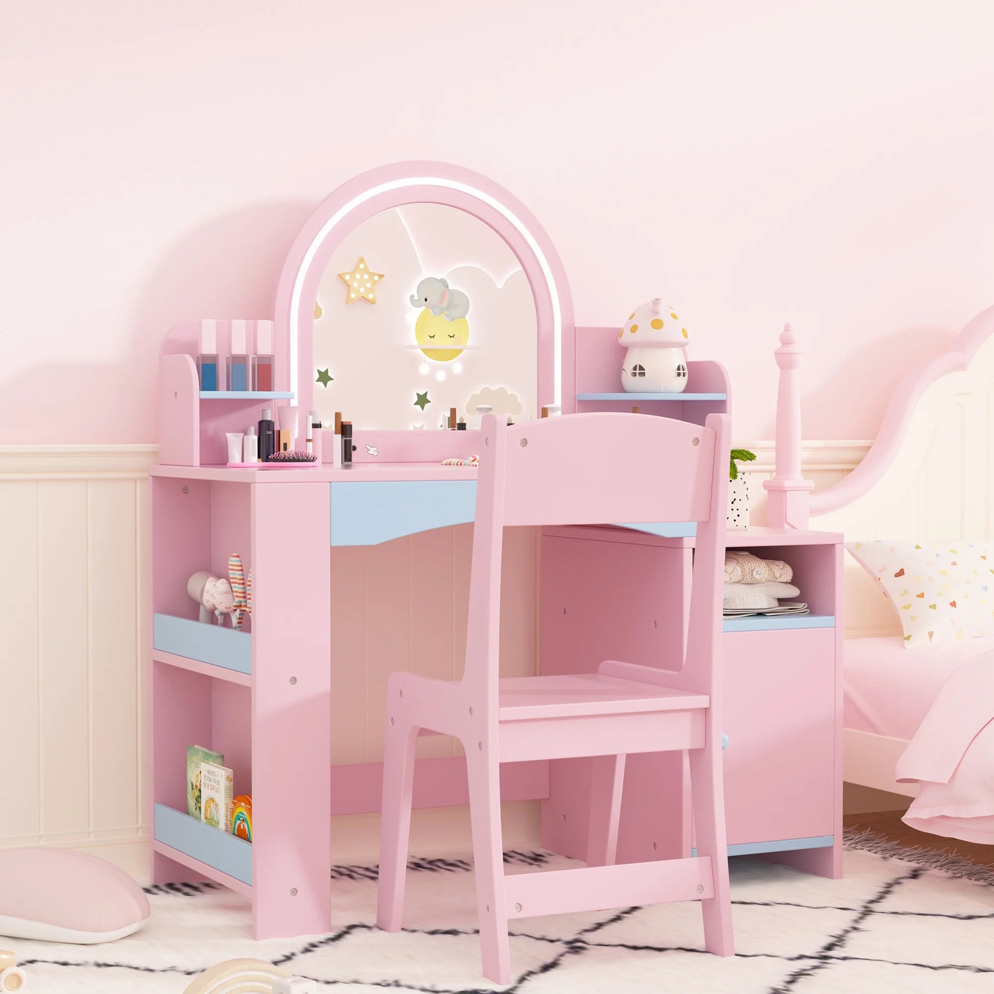 Kids 2-in-1 Princess Vanity Table Set with Jewelry Storage and Open Shelves, White