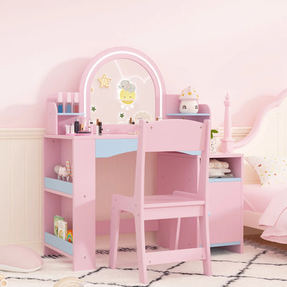 Kids 2-in-1 Princess Vanity Table Set with Jewelry Storage and Open Shelves, White