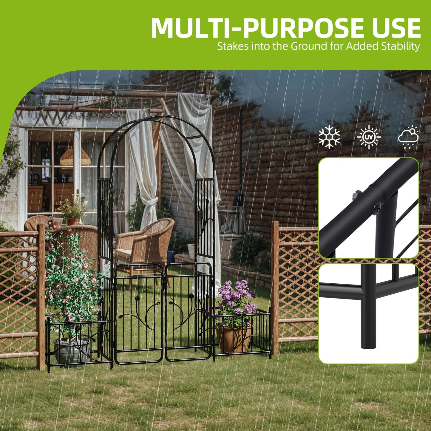 Uforic 87" Metal Garden Arbor Arch with Gate and Planter Boxes, Garden Trellis for Climbing Plants, Patio Wedding Party Lawn Arches Decoration, Black