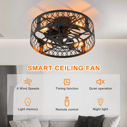 Garwarm 19.6'' Caged Ceiling Fan with Lights, Black Industrial Bladeless Ceiling Fans with Remote, Flush Mount Low Profile Ceiling Fan Fixtures for Home Office,Kitchen, Bedroom,Assembly Require
