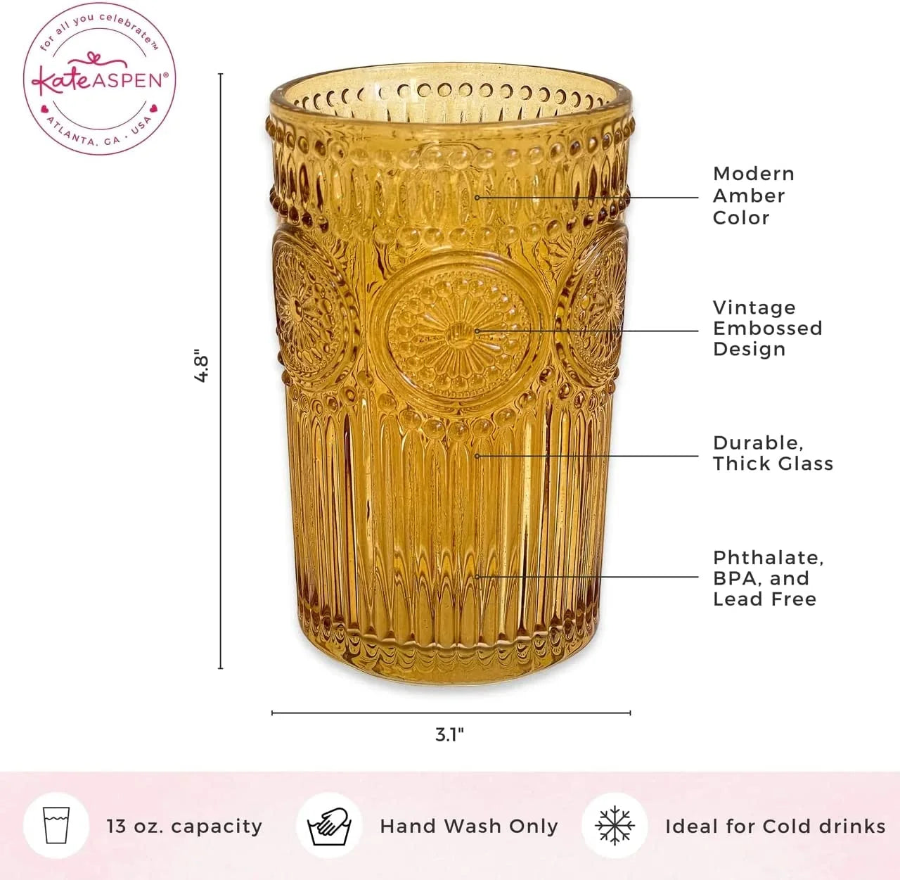 Vintage Textured Amber Striped Drinking Glasses Set of 24, (13 oz) Ribbed Glassware with Flower Design | Cocktail Set, Juice Glass, Water Tumbler