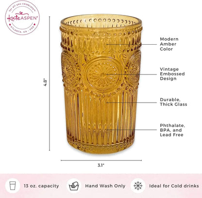 Vintage Textured Amber Striped Drinking Glasses Set of 24, (13 oz) Ribbed Glassware with Flower Design | Cocktail Set, Juice Glass, Water Tumbler