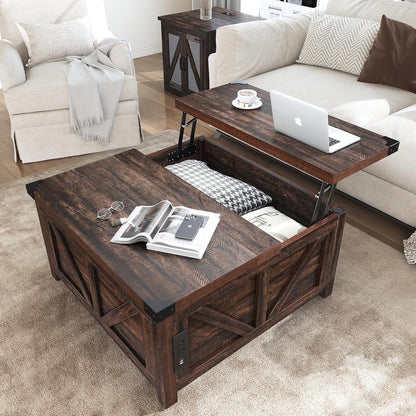 ChVans 35.6" Square Lift Top Coffee Table, Farmhouse Coffee Table with Storage & Charging Ports, Wood Center Table w/Large Hidden Space for Living Room Home Office