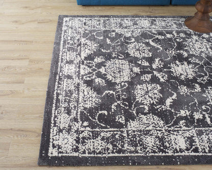 Modway Kazia Distressed Floral Lattice 8x10 Area Rug in Dark Gray and Ivory