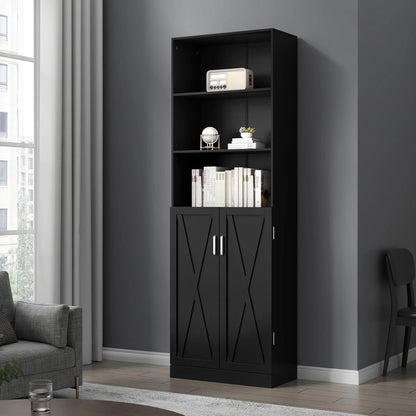 Loomie Industrial Boolshelf with Door, 6 Tier Farmhouse Book Shelf with Adjustable Shelves,70" Tall Display Etagere Bookcase,Floor Standing Unit Book Case Furniture for Home Office,Living Room (Black)