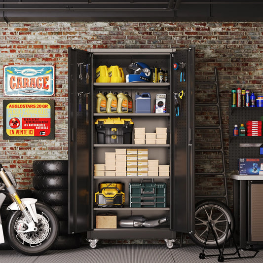 JAORD 71 In Metal Storage Cabinets with Locking Doors and Adjustable Shelves for Home Office, Garage and Utility Room (2 clasp hand, Black)