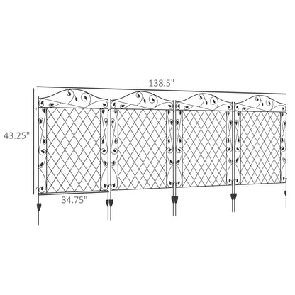Outsunny Garden Fence,4 Pack Steel Fence Panels,11.5' L X 43" H,Rust-Resistant Animal Barrier Decorative Border Flower Edging for Yard,Landscape,Patio,Outdoor Decor,Wavey Vines,Black Steel Garden