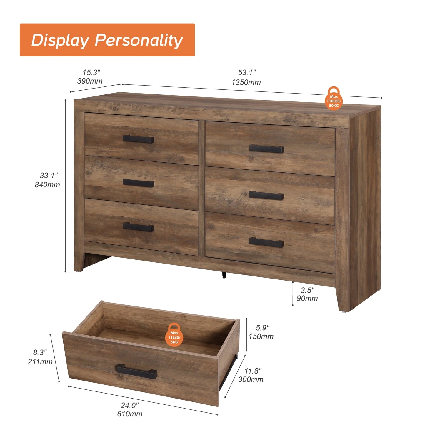 WAMPAT Dresser for Bedroom with 6 Drawers, Kids Dressers with Wide Chest of Drawers, Mid Century Modern Wooden Closet Storage Organizer, Large Wood Dresser for Living Room, Nursery, Brown