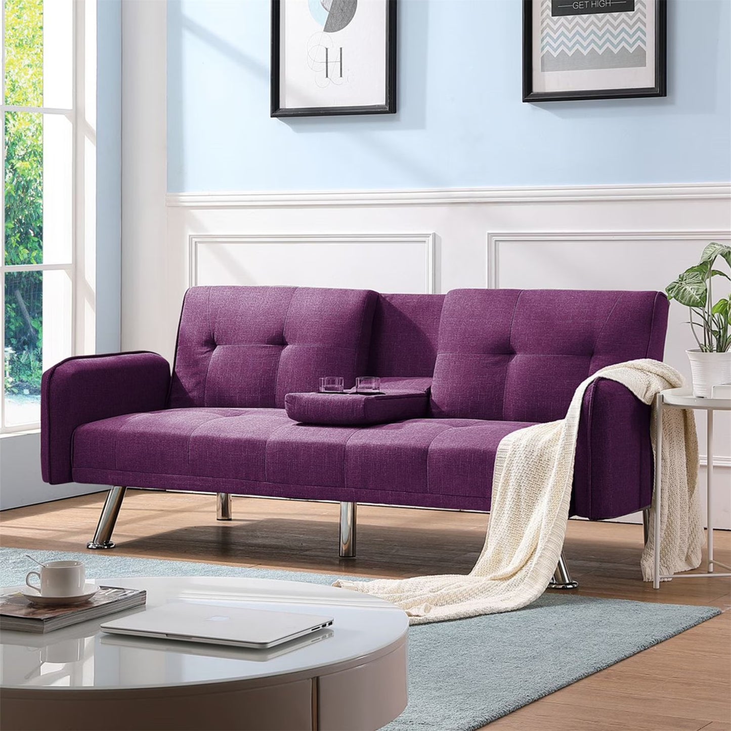Aukfa 75" Square Arm Futon Convertible Sofa Bed for Home Office, 2 Cup Holders, Linen, Dark Gray
