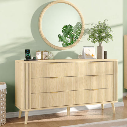 Mid-Century Modern Bedroom Dresser, 57" Wide Fluted 6 Drawer Dresser, Wood Dresser with Curved Profile Design for Closet, Bedroom Living Room, Hallway, Entryway, Home Office (Walnut, 6 Drawers)