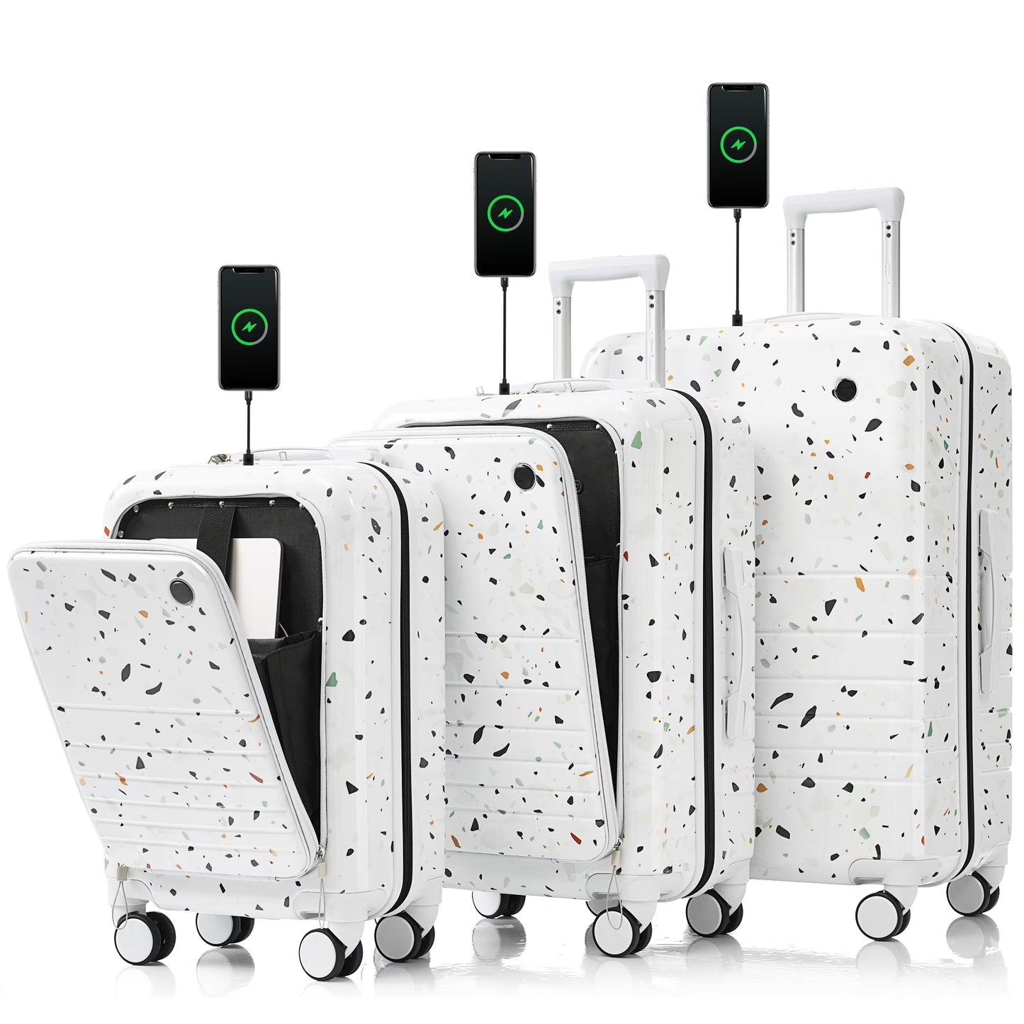 Euroco 3 Piece Luggage Sets, Hardshell Suitcase Set with Front-Opening,USB Port ,Cup Holder and Spinner Wheels,Lightweight Travel Luggage Set(20"/24"/28"),Ivory