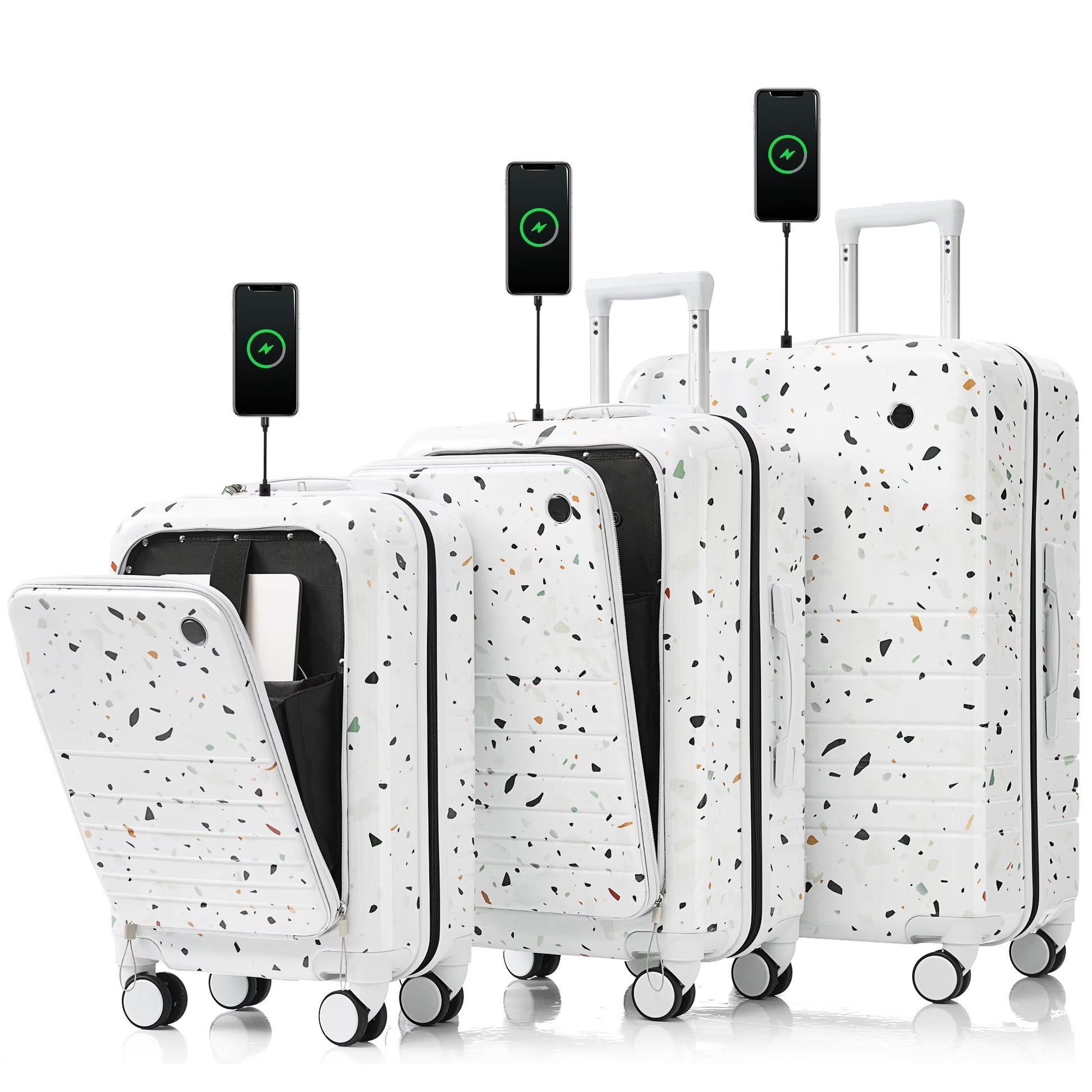Euroco 3 Piece Luggage Sets, Hardshell Suitcase Set with Front-Opening,USB Port ,Cup Holder and Spinner Wheels,Lightweight Travel Luggage Set(20"/24"/28"),Ivory