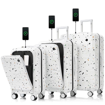 Euroco 3 Piece Luggage Sets, Hardshell Suitcase Set with Front-Opening,USB Port ,Cup Holder and Spinner Wheels,Lightweight Travel Luggage Set(20"/24"/28"),Ivory