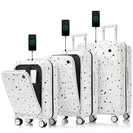 Euroco 3 Piece Luggage Sets, Hardshell Suitcase Set with Front-Opening,USB Port ,Cup Holder and Spinner Wheels,Lightweight Travel Luggage Set(20"/24"/28"),Ivory