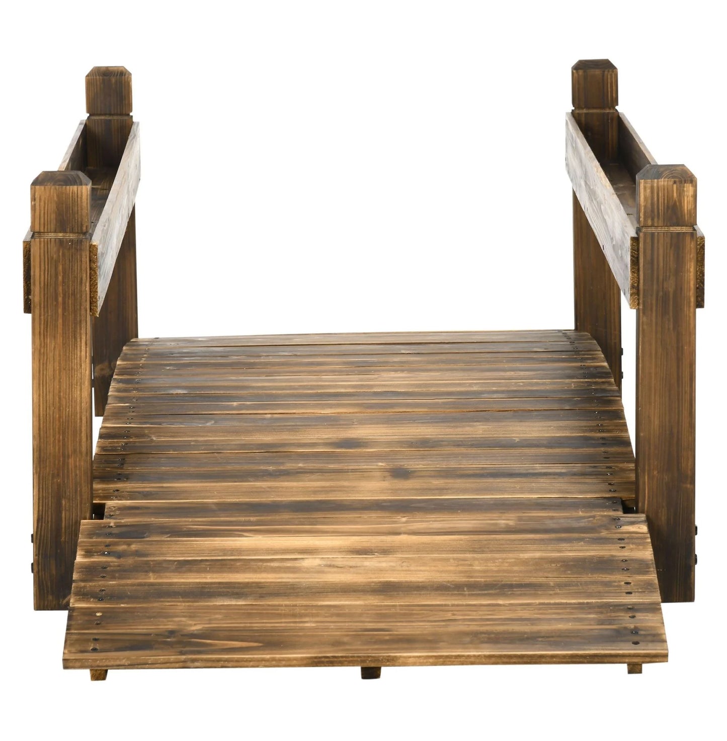 7.5' Wooden Garden Bridge with Planters, Stained Arc Footbridge for Backyard, Pond & Stream
