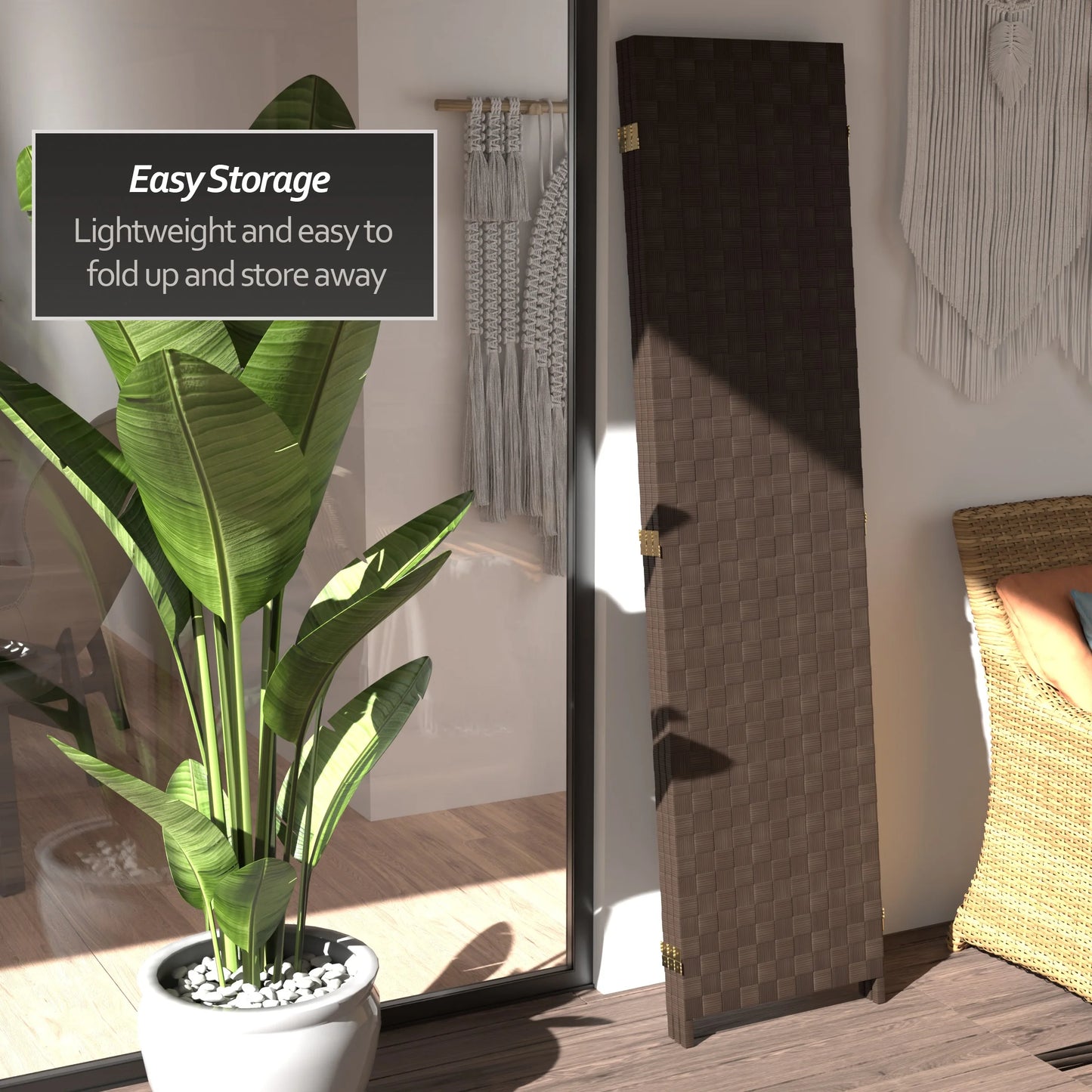 Red Lantern 6 ft. Tall Woven Fiber Outdoor All Weather Room Divider - 3 Panel - Dark Brown