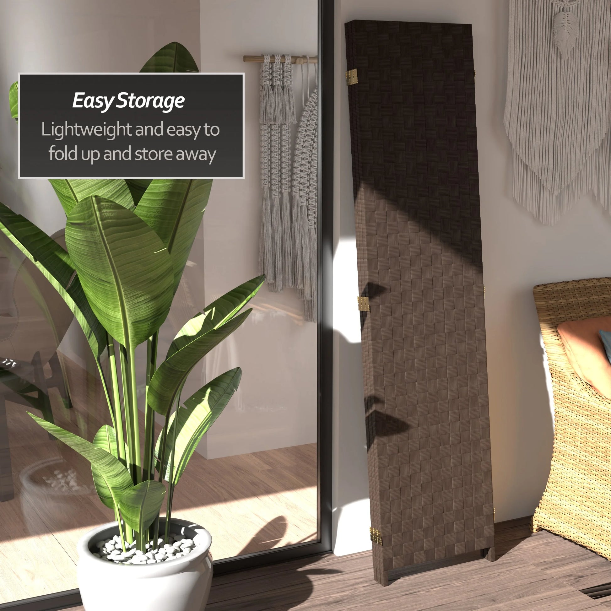 Red Lantern 6 ft. Tall Woven Fiber Outdoor All Weather Room Divider - 3 Panel - Dark Brown