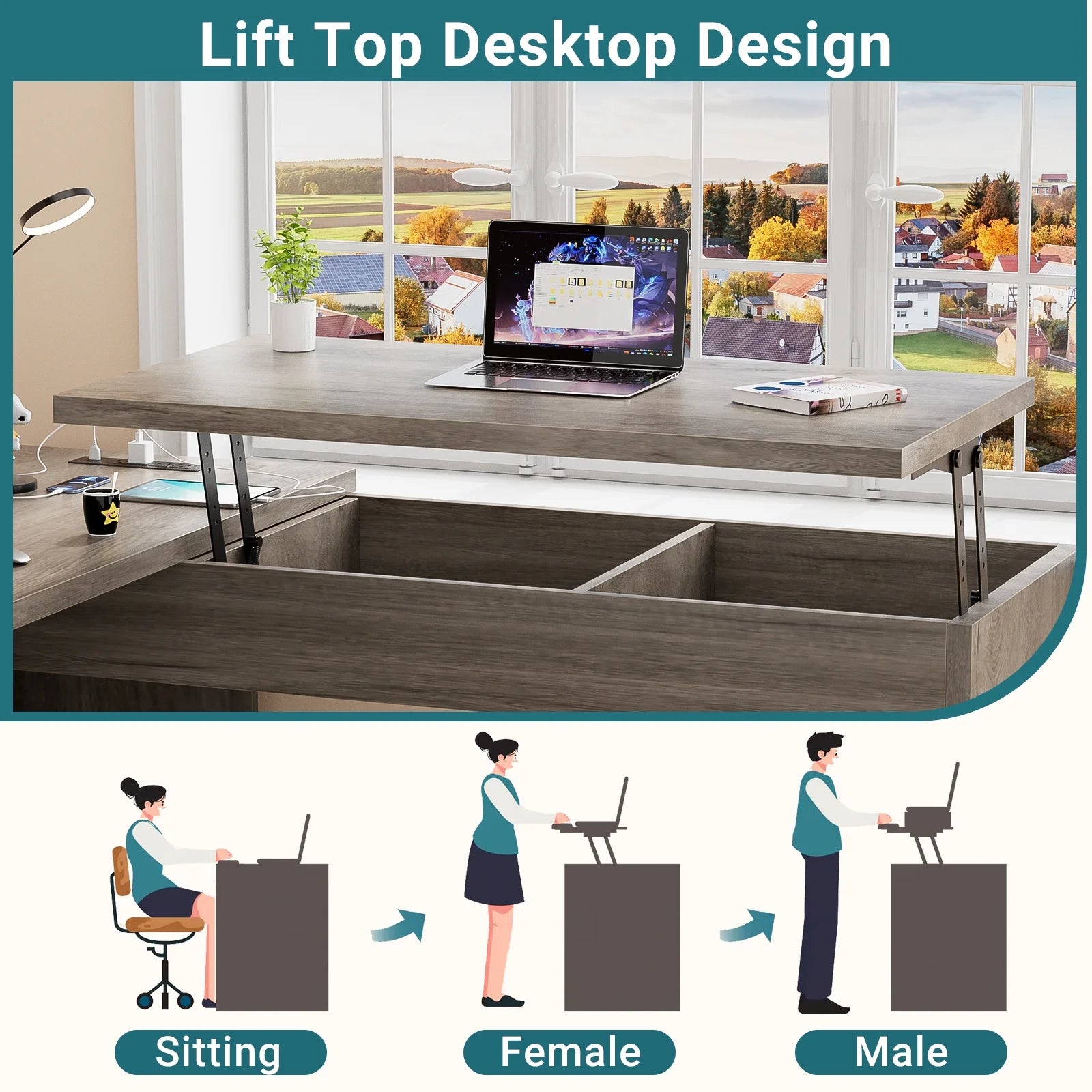 Homieasy L Shaped Desk with Power Outlets and USB Charging Ports, Lift Top Corner Computer Desk with Drawer, Large Office Desk with Storage Shelves, L Shaped Standing Desk for Home Office, Black Oak