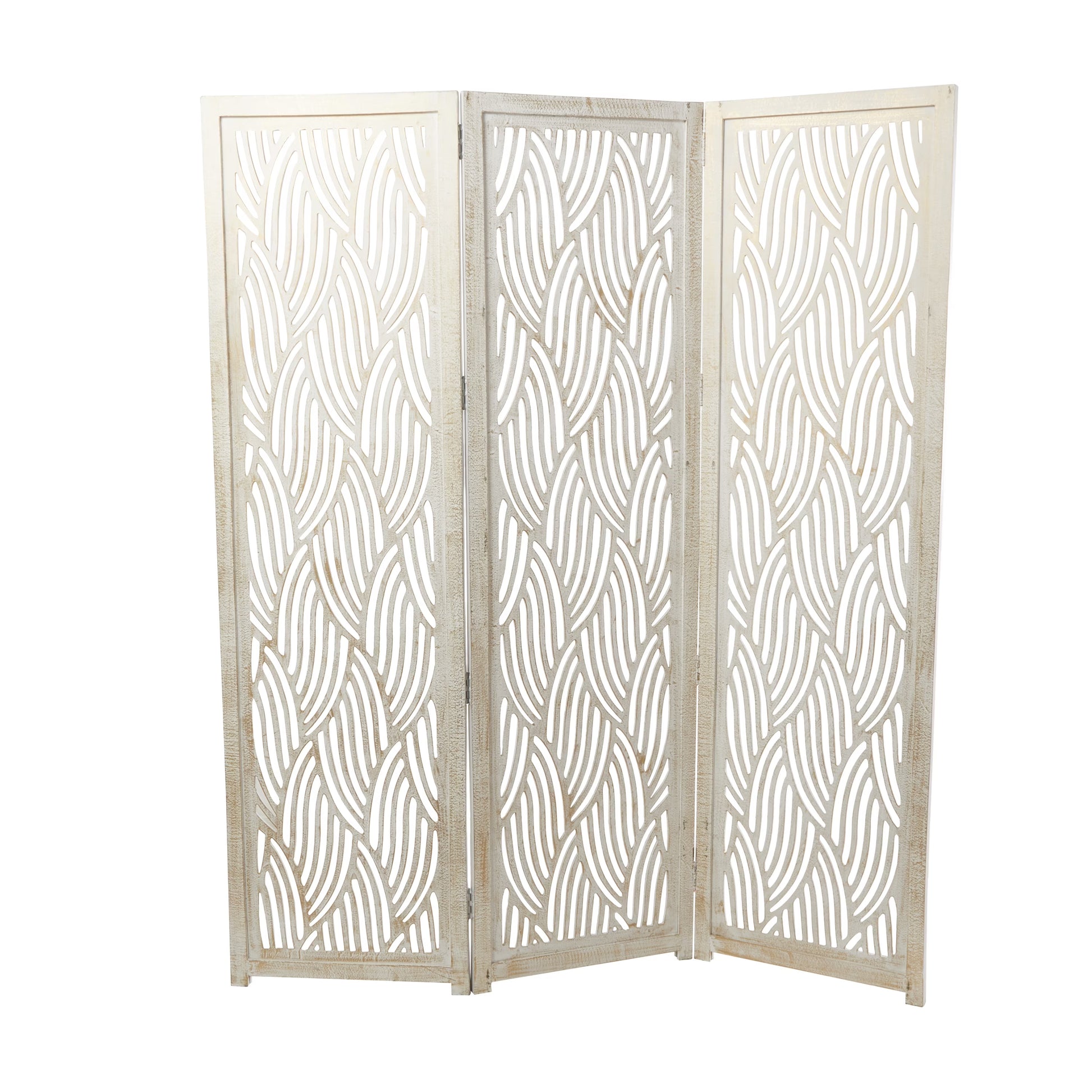 DecMode 60" x 72" Black Mango Wood Abstract Wavy Cutout 3 Panel Room Divider Screen, 1-Piece