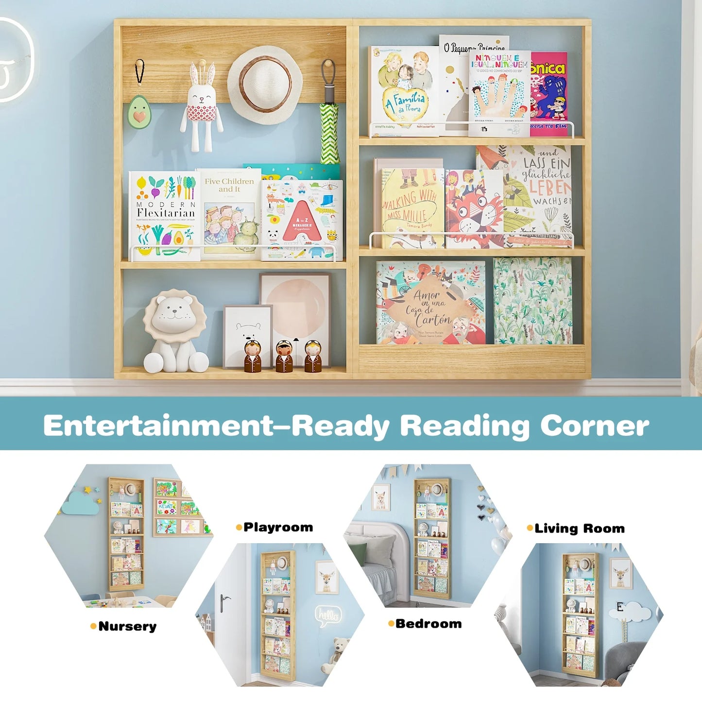 Advwin 5-Tier Wall Mounted Kids Bookshelf with Adjustable Shelves, Wooden Book Shelf Organizer, Behind Door Bookcase Display Shelf for Kids Room, Nursery, Playroom, Natural