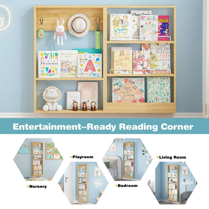 Advwin 5-Tier Wall Mounted Kids Bookshelf with Adjustable Shelves, Wooden Book Shelf Organizer, Behind Door Bookcase Display Shelf for Kids Room, Nursery, Playroom, Natural