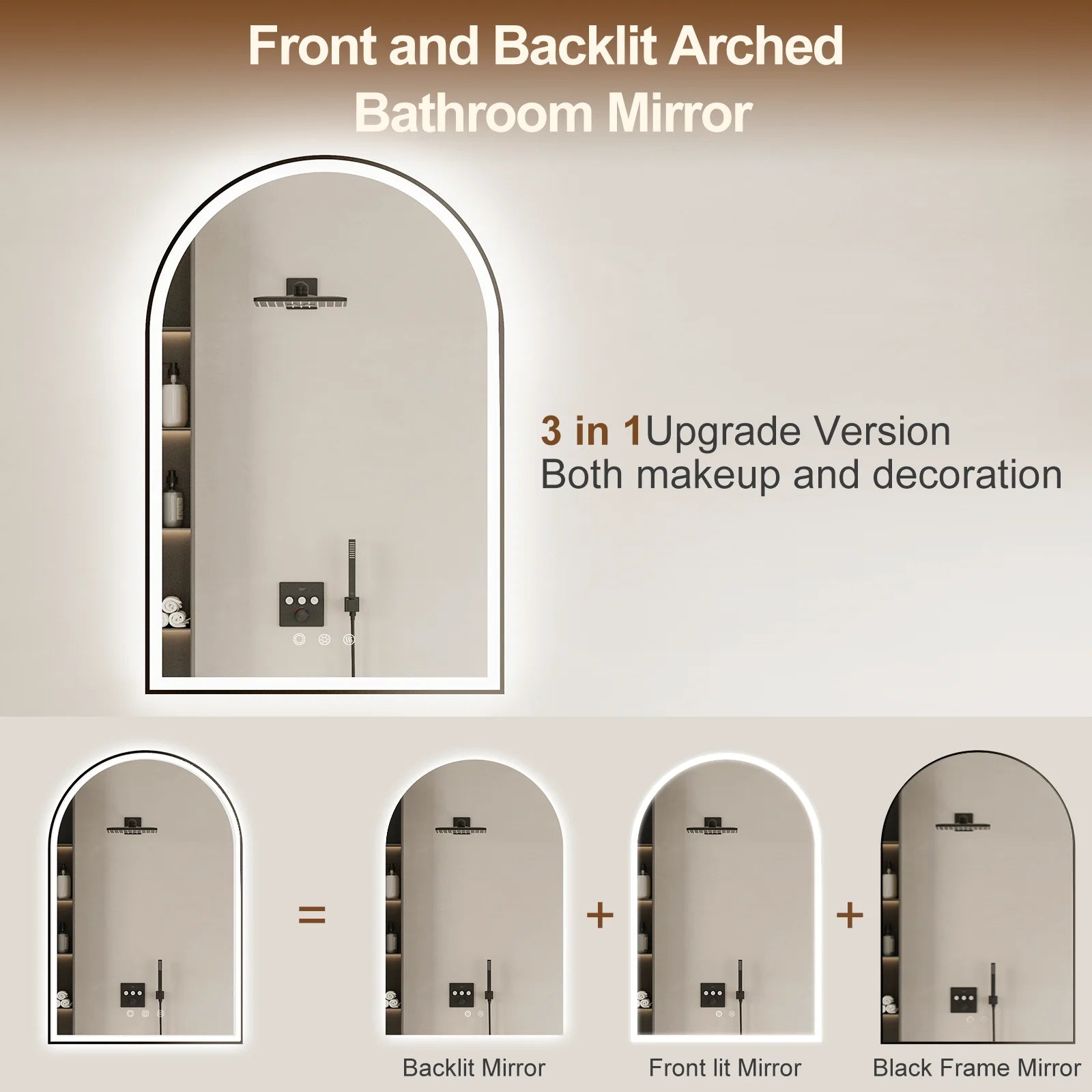 Funtouch Arched LED Bathroom Mirror 20"x30" with Front and Backlight, LED Bathroom Mirror with LightsAnti-Fog3 Colors, Memory,Shatterproof,UL Listed