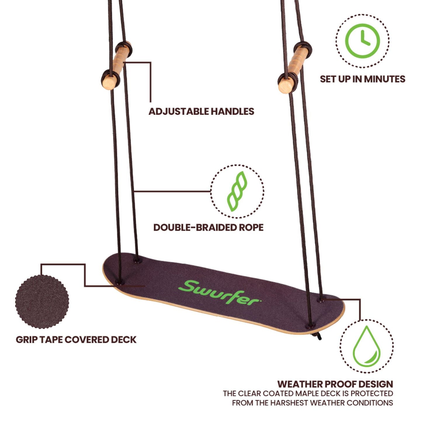 Swurfer Treeskate Undawadda Stand Up Skating Swing. Wooden Outdoor Swing for Kids and Adults