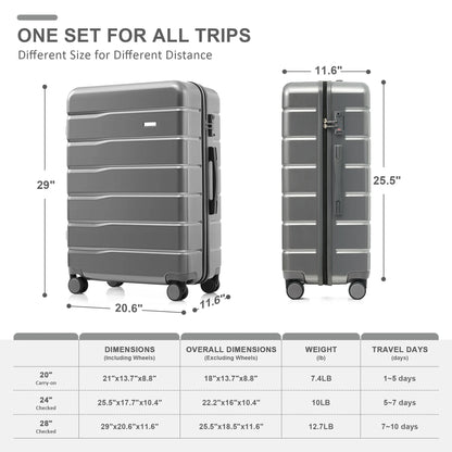 EUROCO 5 Piece Luggage Sets,ABS Hardside Carry On Suitcase with TSA Lock, Side hooks,4 360° Spinner Wheels,Expandable Duffel Bag & Foldable Backpack,20"/24"/28",Grey