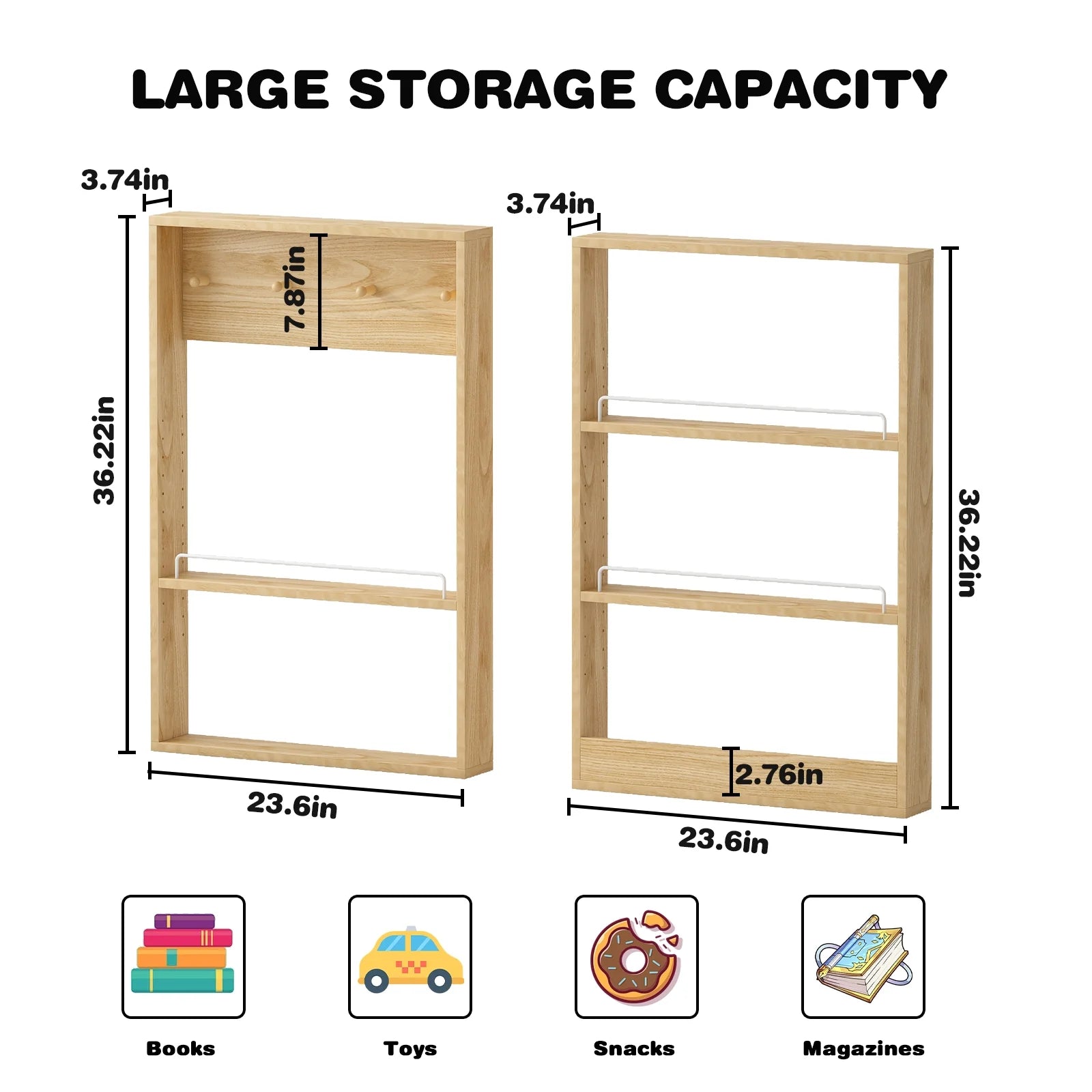 Advwin 5-Tier Wall Mounted Kids Bookshelf with Adjustable Shelves, Wooden Book Shelf Organizer, Behind Door Bookcase Display Shelf for Kids Room, Nursery, Playroom, Natural