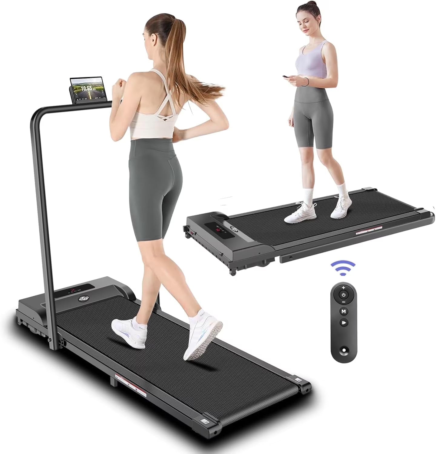 2 in 1 Walking Pad Treadmill, Foldable Treadmills with Handle Bar, 2.5HP Portable Folding Treadmill with Remote Control, Under Desk Treadmill for Home Office, 300lbs, Black