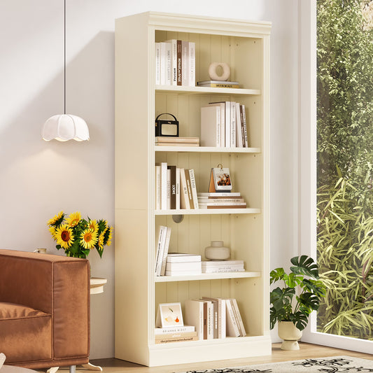 Harper & Bright Designs Tall Wood Bookcase with Light Strip, 5 Tier Bookshelves with Adjustable Shelves, Free Standing Storage Organizer for Home Office, Beige+Cream, Beige+Yellow