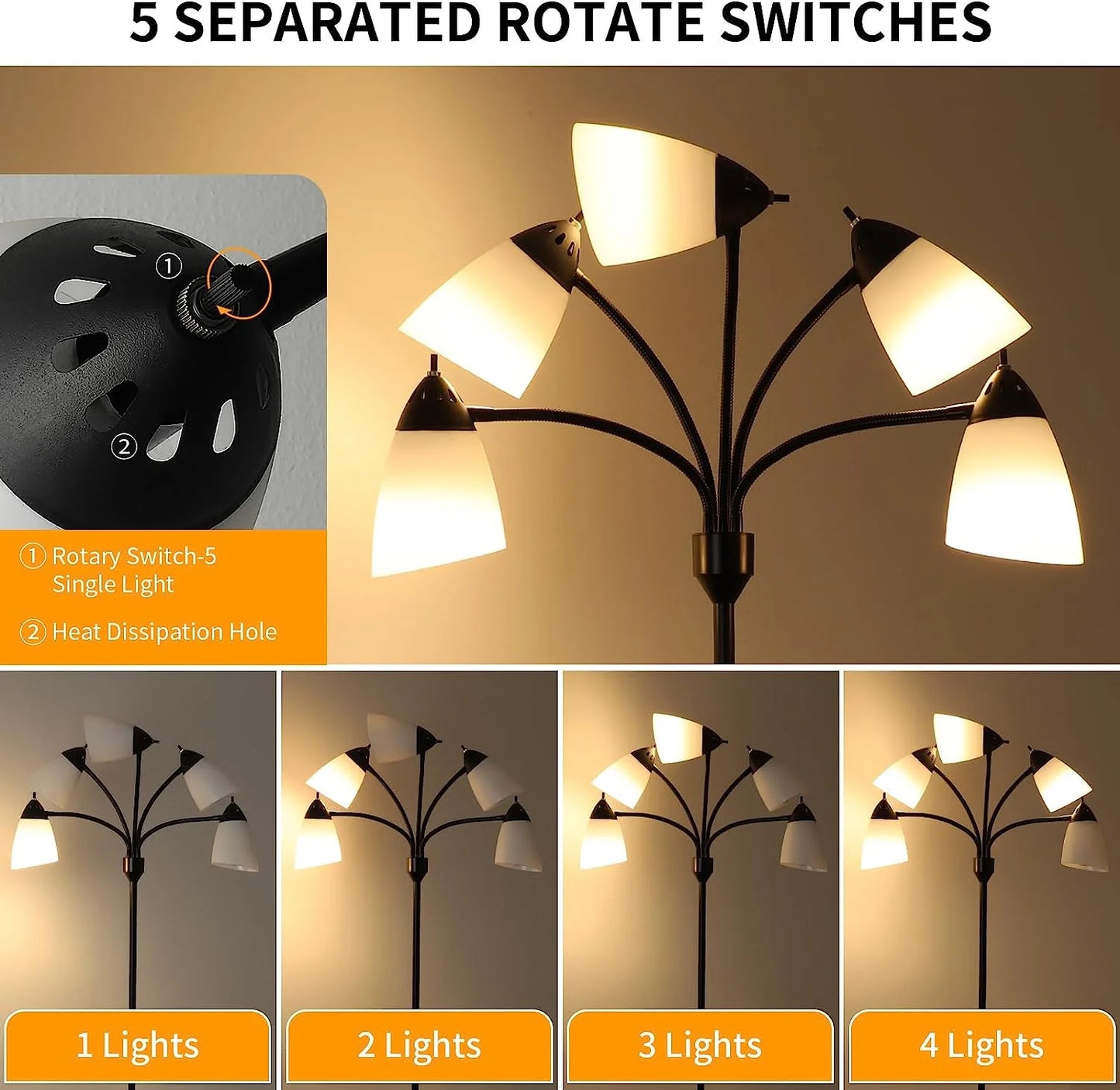 DINGLILIGHTING Floor Lamp Tall for Room: Flexible Gooseneck Floor Lamps Standing for Bedroom Home Office - Modern Floor Lights 5-Light