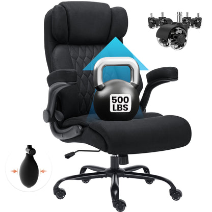 HomeZeer Big and Tall Office Chair 500LBS, High Back Executive PU Leather Chair with Adjustable Lumbar Support, Flip-Up Arms & Wide Seat, Heavy Duty on Rubber Wheels for Home Office, Black