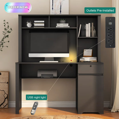 Tcbosik Modern Computer Desk with Charging Station and USB Night Light, Home Office Table with Hutch and Open Shelf, Gaming Workstation with Drawer and Cabinet for Living Room, Study Room, Black