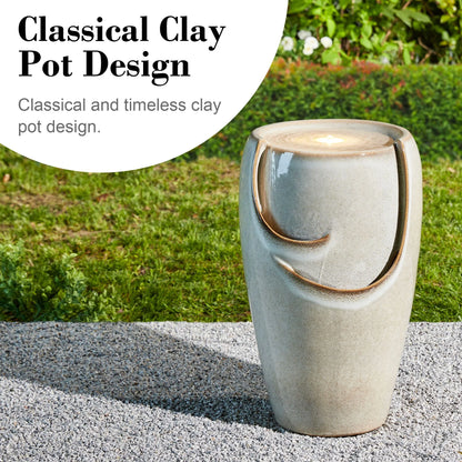 Glitzhome 21.25 Inch Tall Ceramic Vase Fountain Ceramic with Pump and LED Light Outdoor Fountain