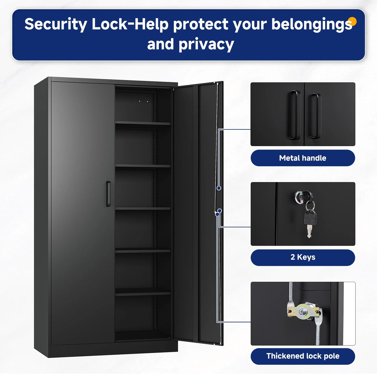 AUHUP 71" Metal Cabinet with Locking Doors and 5 Adjustable Shelves, Black Garage Storage Cabinet for Warehouse, Basement, Home Office, Tool File Storage Utility Cabinets
